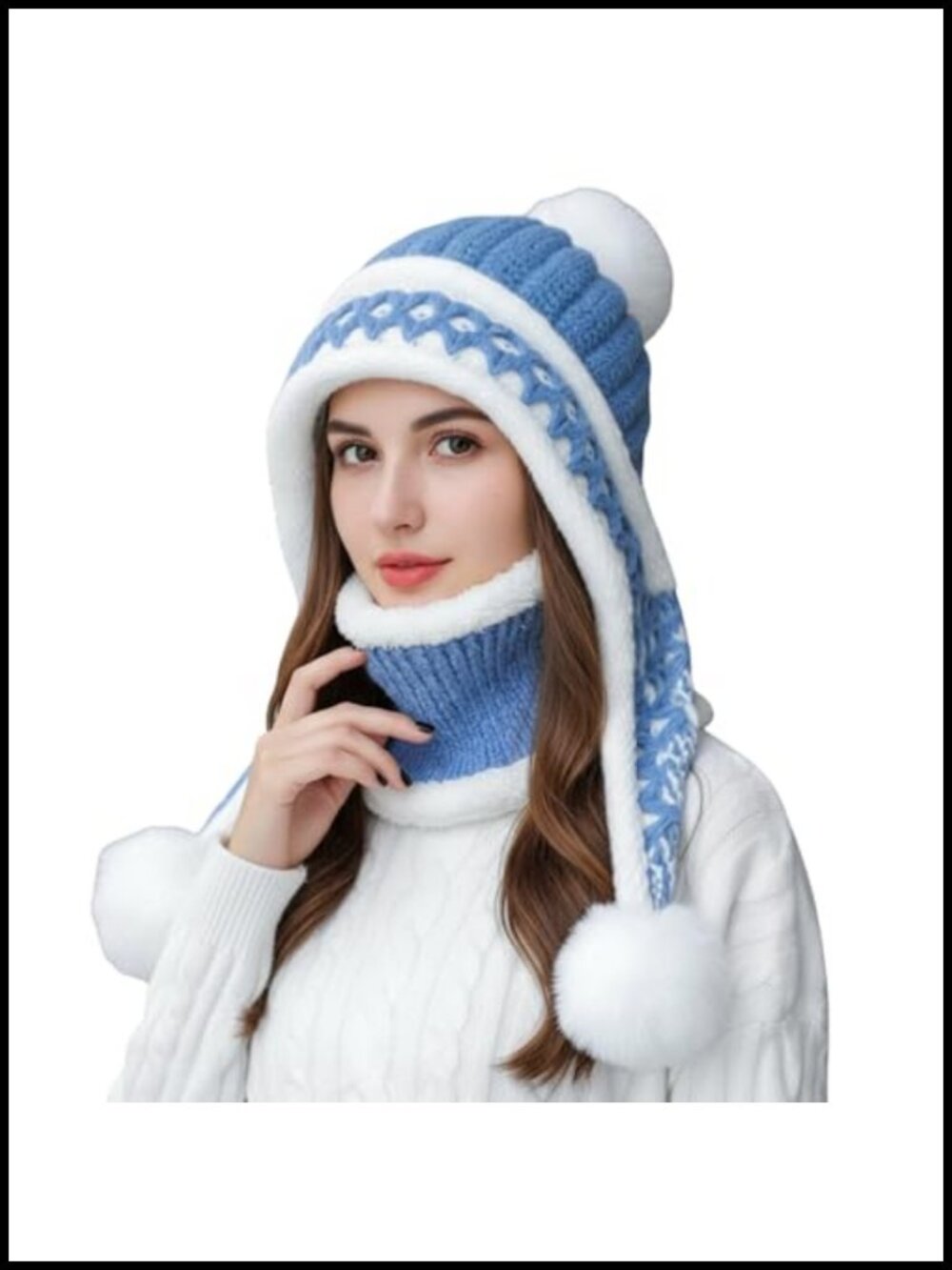 Chunky Knit Beanie Hat & Circle Scarf Set Fleece Lined Pom Pom Ear Flaps